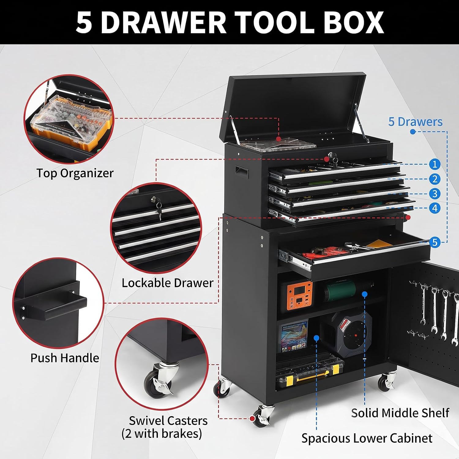 5 Drawer Rolling Tool Cabinet  - огляд і ціна Tools Trolley For Workshop